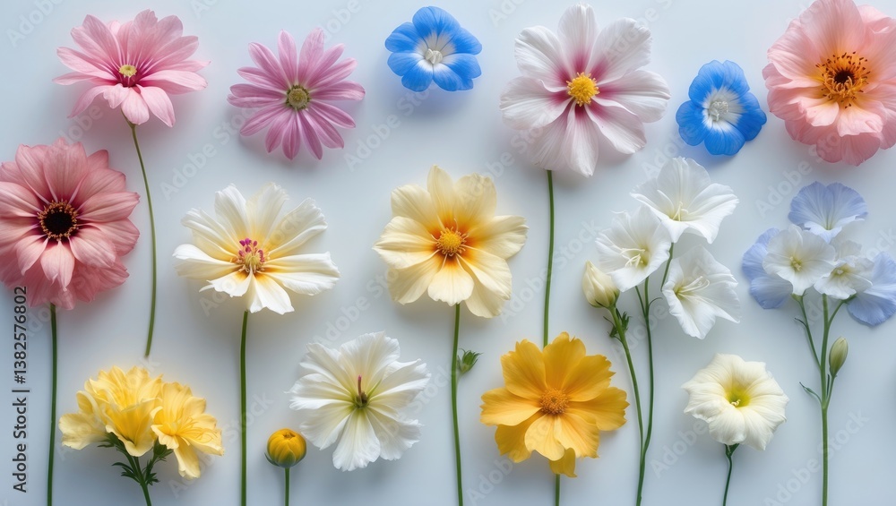 Collection set of flower heads on a background. Cosmos, zinnia, morning glory, peregrina, white plumbago, wild petunia, bluebell. Collection set of flower heads on a background. Cosmos, zinnia, morning glory, peregrina, white plumbago, wild petunia, bluebell.