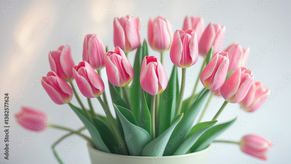 Fototapeta premium Fresh Pink tulips. A spring flower bouquet on a white backdrop.