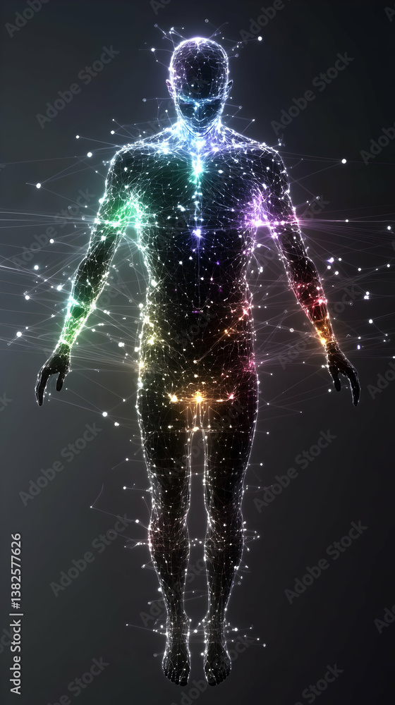 Luminous Human Form Composed of Glowing Rainbow Particles on Dark Background Luminous Human Form Composed of Glowing Rainbow Particles on Dark Background