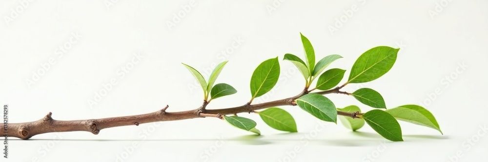 Naklejka premium A single branch leaning against another on a white surface, foliage, tree, wooden