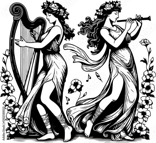 Elegant muses playing harp and flute in a floral black and white style  