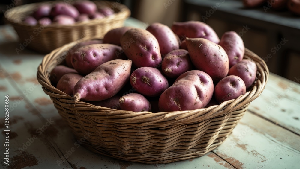 Organic raw sweet potatoes arranged in a basket on a white table. Organic raw sweet potatoes arranged in a basket on a white table.
