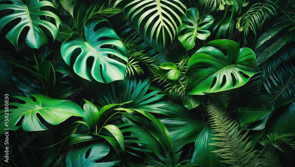 Fototapeta premium Close-up view of nature featuring a green leaf with palms in the background. Flat lay, concept of dark nature.