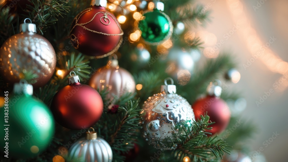 Fototapeta premium Close-up view of a decorative Christmas tree adorned with ornaments.