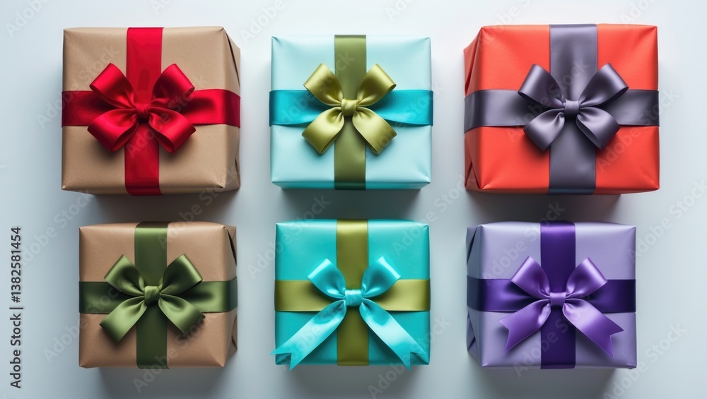 Overhead view from above of four wrapped gift boxes featuring silk bows and ribbons. Overhead view from above of four wrapped gift boxes featuring silk bows and ribbons.