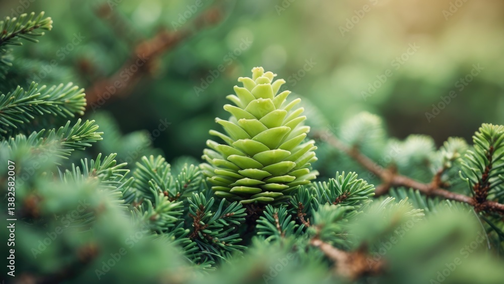 Bright green young cones on a larch branch. Close-up of an opening bud. Female cone. Natural elegance of a tree twig. Soft focus. Seasonal design wallpaper. Bright green young cones on a larch branch. Close-up of an opening bud. Female cone. Natural elegance of a tree twig. Soft focus. Seasonal design wallpaper.