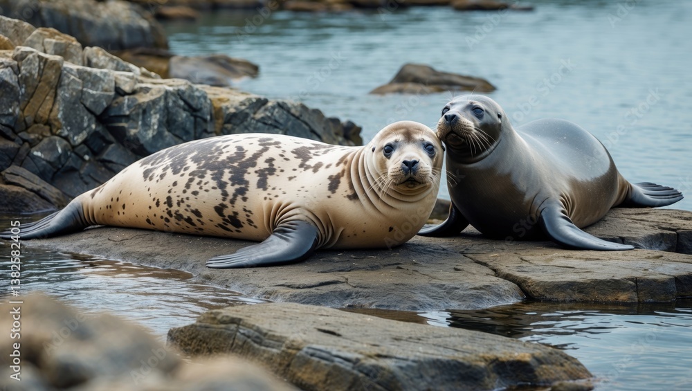 Fototapeta premium Seals resting on the rocks during our journey along the River.