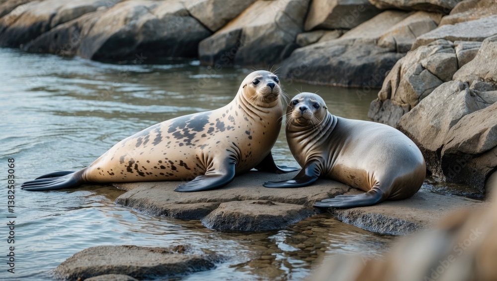 Fototapeta premium Seals relaxing on the rocks during our journey along the river.