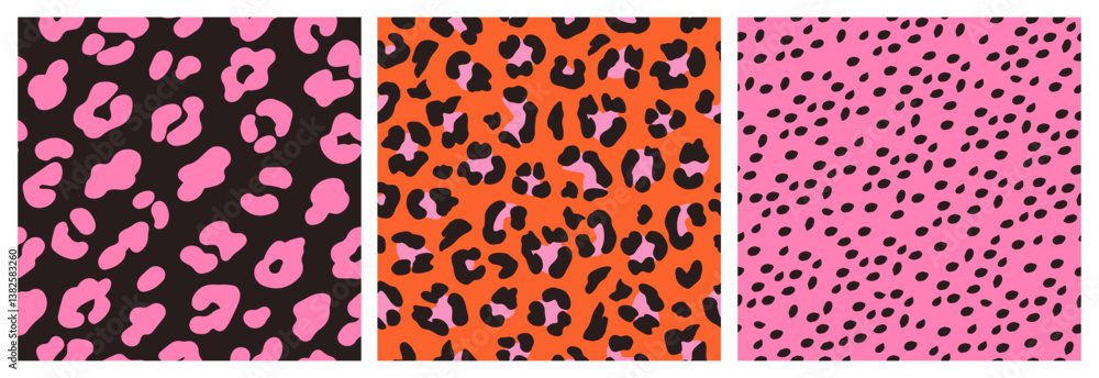 Set of Abstract leopard skin seamless patterns. Animal print vibrant color design. Geometric folklore ornament for background, textile, fabric, packaging, poster, wallpaper. Vector illustration. Set of Abstract leopard skin seamless patterns. Animal print vibrant color design. Geometric folklore ornament for background, textile, fabric, packaging, poster, wallpaper. Vector illustration.