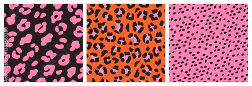 Set of Abstract leopard skin seamless patterns. Animal print vibrant color design. Geometric folklore ornament for background, textile, fabric, packaging, poster, wallpaper. Vector illustration.