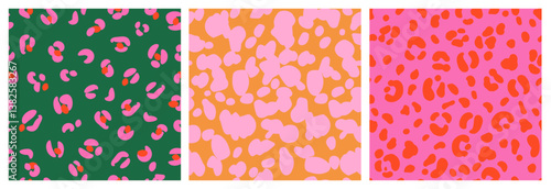 Set of Abstract leopard skin seamless patterns. Animal print vibrant color design. Geometric folklore ornament for background, textile, fabric, packaging, poster, wallpaper. Vector illustration.