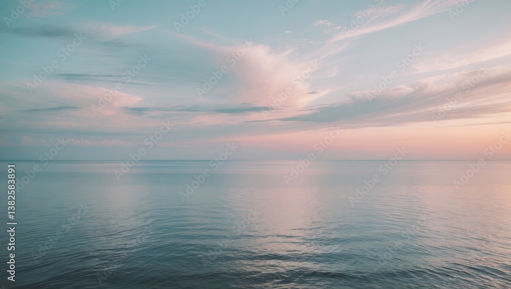 Obraz premium Scenic view of the coastline, featuring the sea, water, and sky. Calm sea and ocean breeze create a peaceful atmosphere. Cloudy and open sky with an endless horizon at sunset near the seashore.