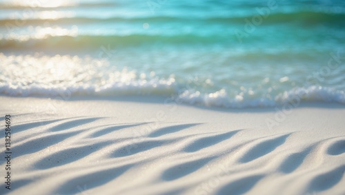 Fototapeta Naklejka Na Ścianę i Meble -  Panorama of a stunning white sand beach with turquoise water. Summer holiday beach backdrop. Waves of the sea on the sandy shore.