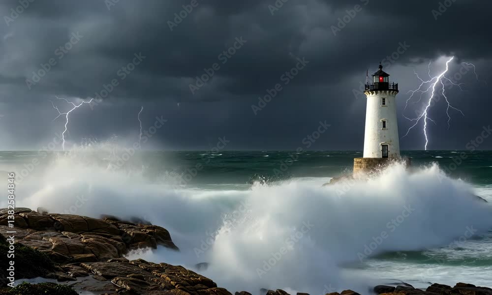 Lighthouse stands against stormy sea with lightning and crashing wave action Lighthouse stands against stormy sea with lightning and crashing wave action