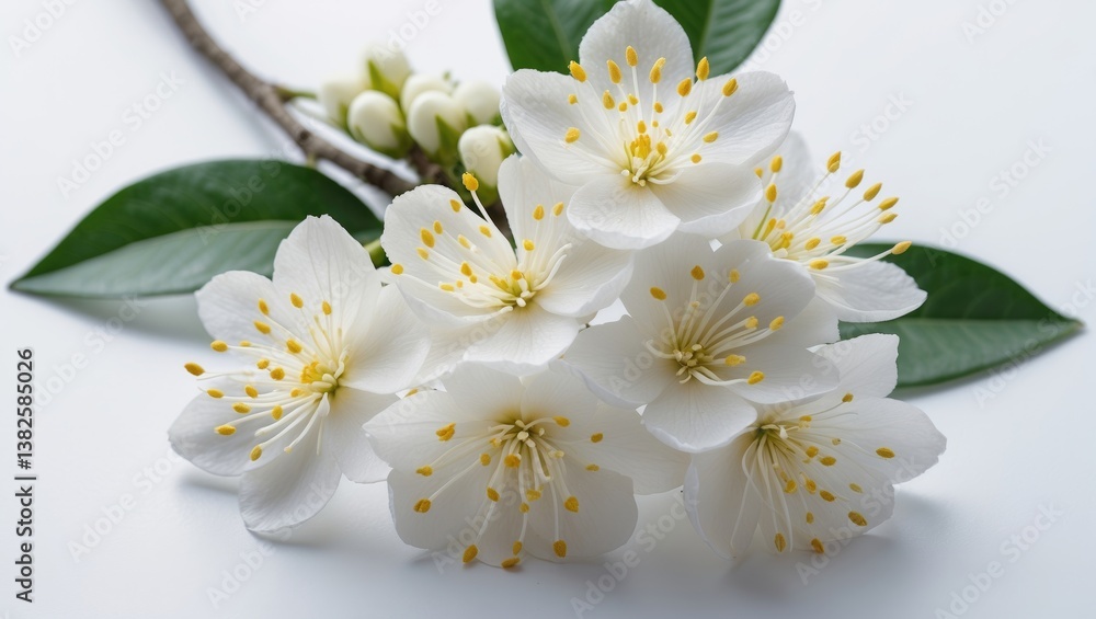 Orange tree blossoms isolated on white background. Calamondin citrus flowers and buds cluster. Orange blossom. Neroli fragrant flowers. Stunning closeup of blooming flowers. Orange tree blossoms isolated on white background. Calamondin citrus flowers and buds cluster. Orange blossom. Neroli fragrant flowers. Stunning closeup of blooming flowers.