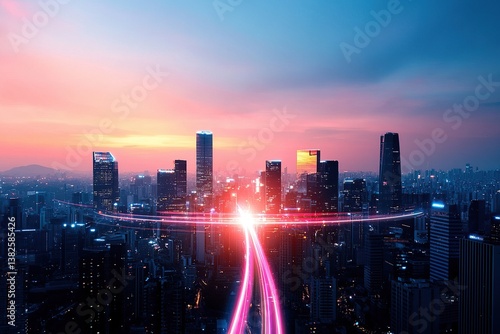 Wallpaper Mural Vibrant city skyline at sunset with illuminated buildings and light trails on the highway. Torontodigital.ca