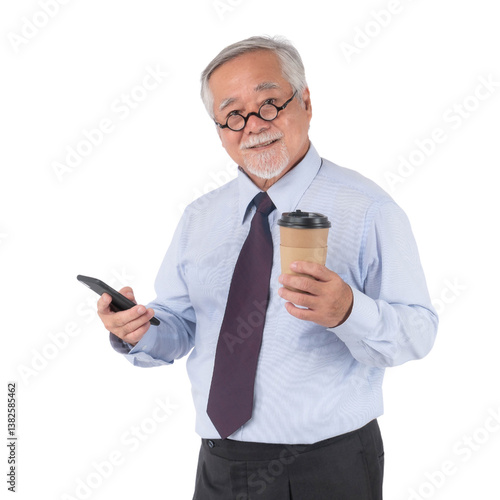 Senior Asian Businessman Holding Coffee Cup and Smartphone, Smiling Confidently in Professional Attire, isolated on a transparent background, Representing Active Lifestyle and Modern Technology Use