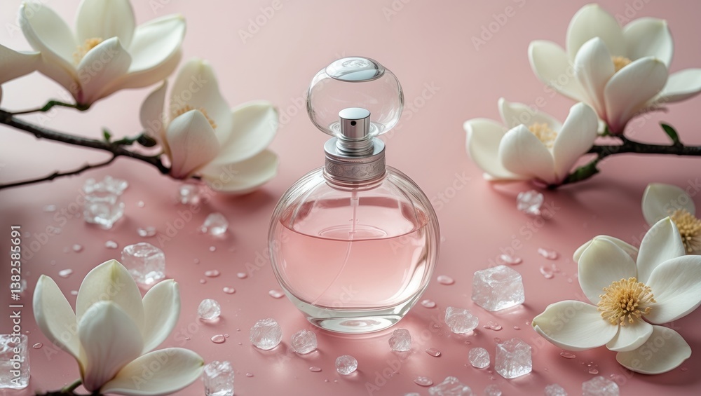 Open perfume bottle surrounded by flowers, ice cubes, and water droplets in the background. Fresh fragrance. Concept of a sweet, pure floral scent for young girls. Space for text. Open perfume bottle surrounded by flowers, ice cubes, and water droplets in the background. Fresh fragrance. Concept of a sweet, pure floral scent for young girls. Space for text.