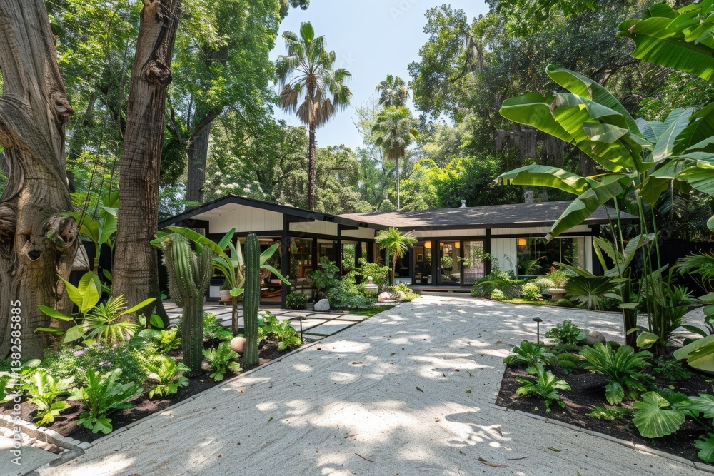 A serene modern house surrounded by lush greenery, featuring a stylish pathway leading to a tranquil outdoor space. A serene modern house surrounded by lush greenery, featuring a stylish pathway leading to a tranquil outdoor space.