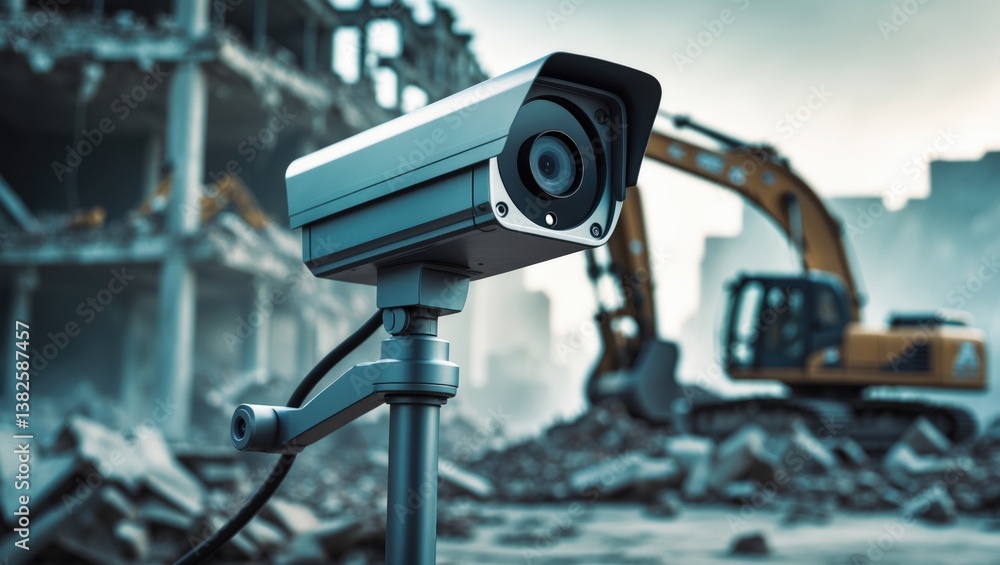 security CCTV camera or surveillance system with construction site in out-of-focus background security CCTV camera or surveillance system with construction site in out-of-focus background