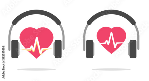 Music listen love heart in headphones icon vector graphic illustration set, headset with like song audio waves beat, romantic radio playlist pulse image clip art