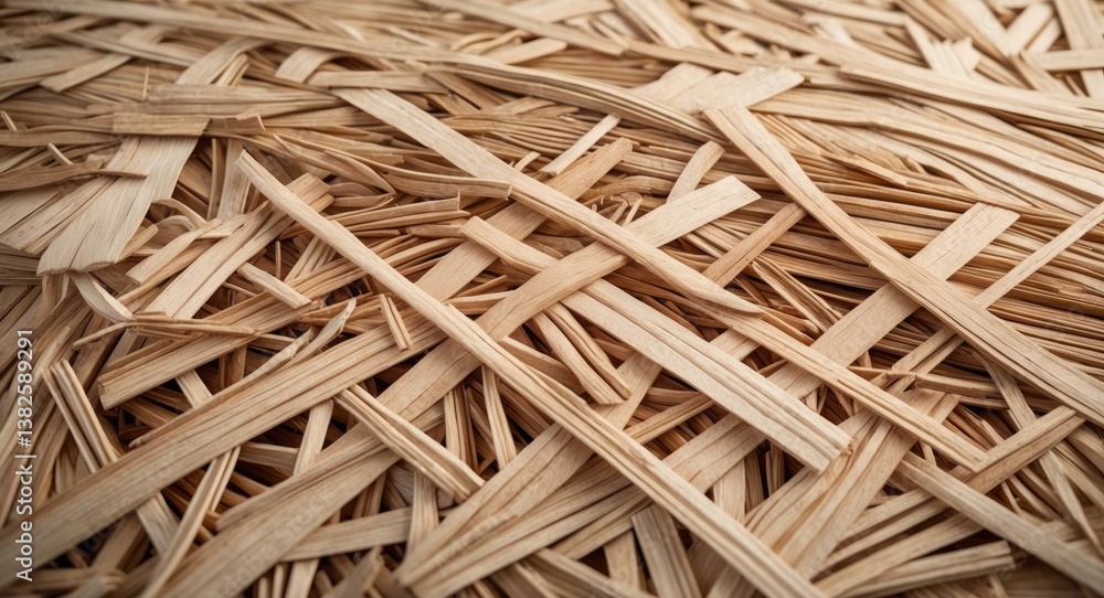 OSB board, displaying intertwined wood fiber texture and a light brown hue. OSB board, displaying intertwined wood fiber texture and a light brown hue.