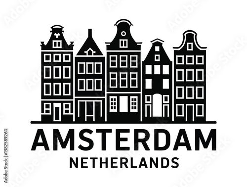 Amsterdam skyline with iconic landmarks, ideal for travel, tourism, or Dutch-themed projects highlighting the city's unique canals and architecture.