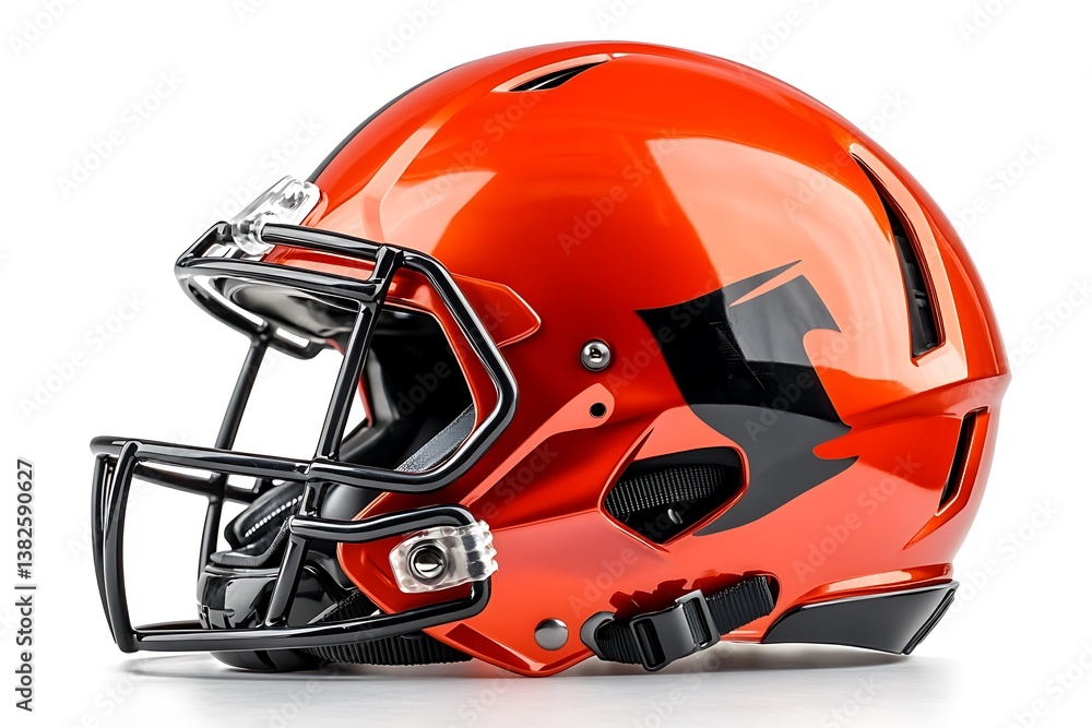Fototapeta premium A Shiny Orange Football Helmet with Black Face Mask Displayed