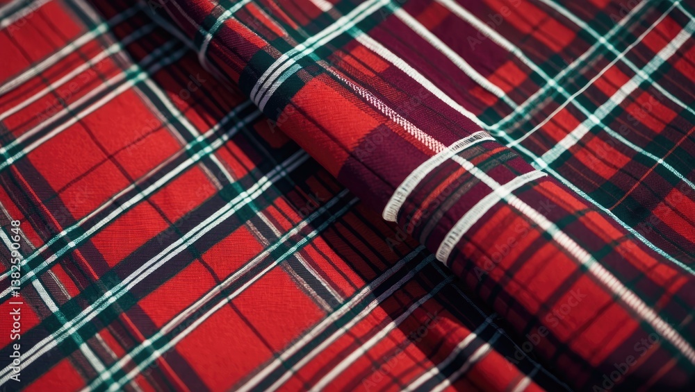 Scottish tartan design. Red plaid fabric as backdrop. Colored lines and square motifs. Checked textile with seam.