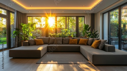 Contemporary living room bathed in sunlight showcasing modern interior design elements