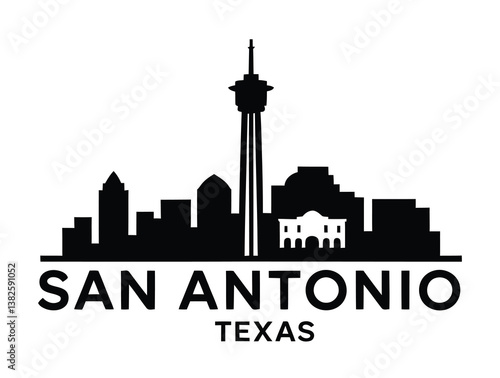 Iconic San Antonio skyline featuring key buildings and landmarks, ideal for city pride, tourism, or branding projects showcasing Texas' vibrant urban identity.