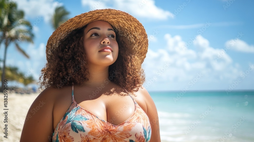 A brown woman stands on the sandy beach, gazing at the ocean under a bright blue sky while dressed in a colorful tropical swimsuit