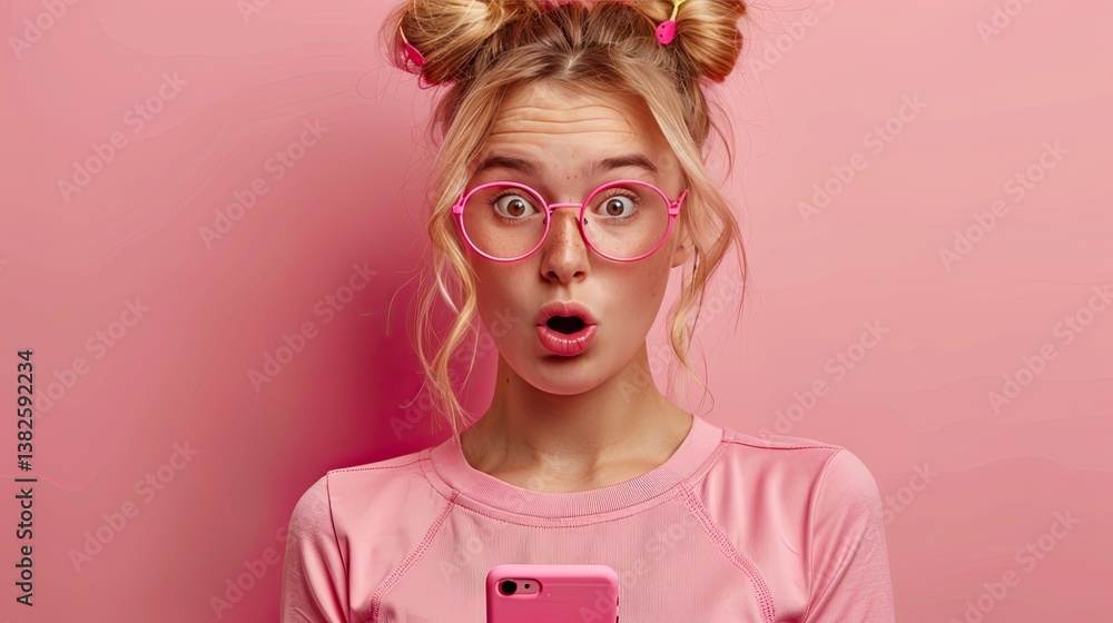 A cheerful woman with blonde hair and a pink outfit displays surprise and happiness while looking at her phone against a magenta backdrop