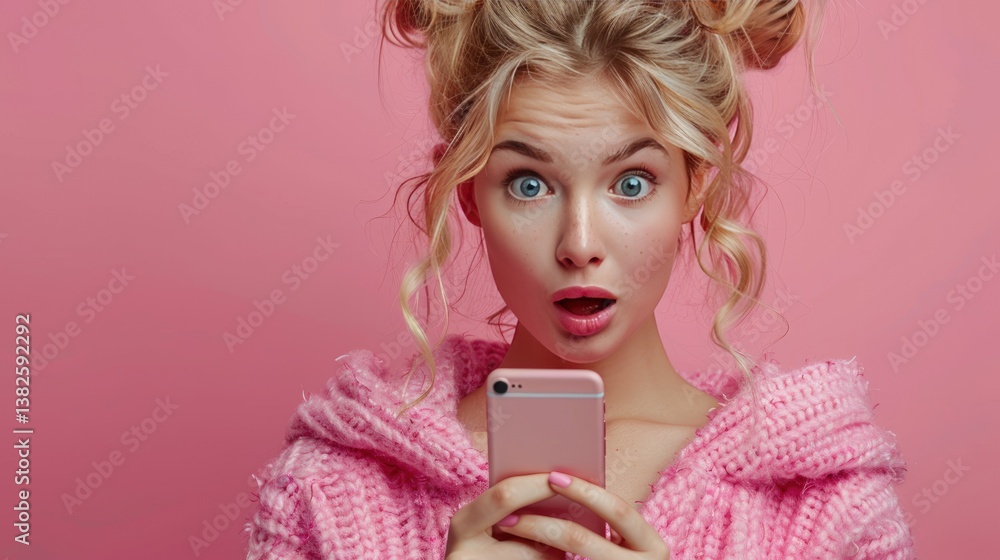 A woman with blonde hair shows a funny expression of surprise and happiness while looking at her cellphone against a magenta background