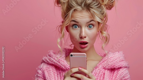 A woman with blonde hair shows a funny expression of surprise and happiness while looking at her cellphone against a magenta background