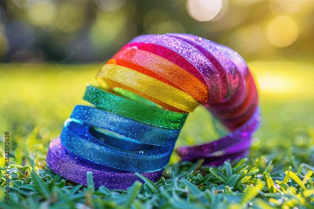 Bright colorful bands form a spiral on grass, symbolizing unity and joy during Pride day celebrations in a lively park
