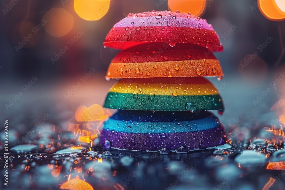 Brightly colored stacked pride symbols sit in puddles, reflecting the festive atmosphere of Gay Pride celebrations amid joyful chaos