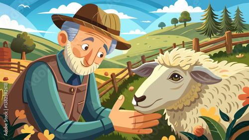 Elderly farmer gently touching sheep, showing care and connection. Ideal for agriculture, sustainability, and rural life themes.