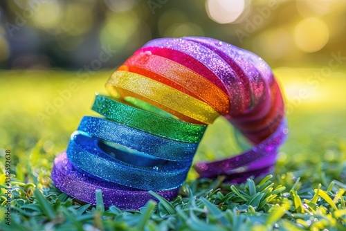 Obraz na płótnie Bright colorful bands form a spiral on grass, symbolizing unity and joy during Pride day celebrations in a lively park w salonie