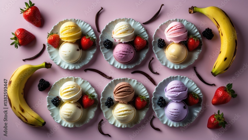 Set of bowls featuring assorted vibrant ice cream scoops with various flavors and fresh ingredients. Set of bowls featuring assorted vibrant ice cream scoops with various flavors and fresh ingredients.
