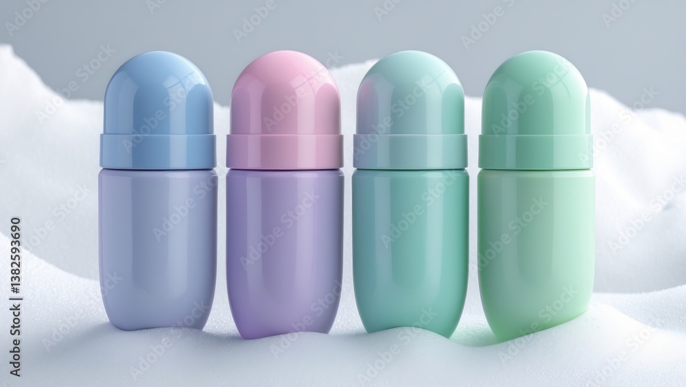 Set of mockups for antiperspirant deodorant roll-ons featuring colorful caps against a background. Set of mockups for antiperspirant deodorant roll-ons featuring colorful caps against a background.