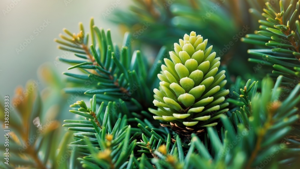 Bright green young cones on the larch branch. Closeup of the opening bud. Female cone. Natural beauty of the elegant tree twig. Soft focus. Seasonal design wallpaper. Bright green young cones on the larch branch. Closeup of the opening bud. Female cone. Natural beauty of the elegant tree twig. Soft focus. Seasonal design wallpaper.