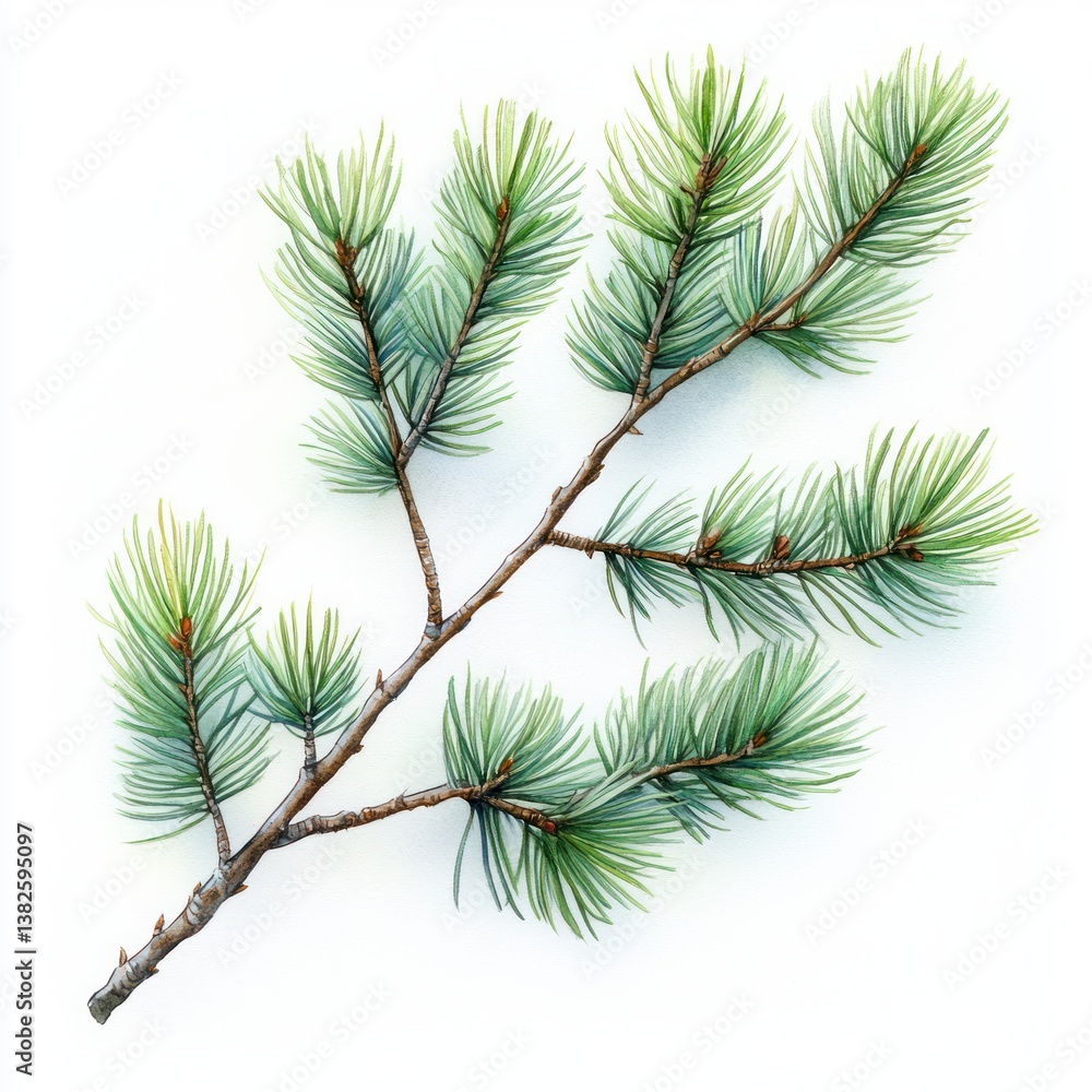 Naklejka premium Pine Branch Watercolor Illustration Realistic Detailed Botanical Element on White Background