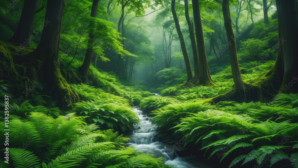 A winding stream flows through the lush forest, flanked by ferns and tall trees. A winding stream flows through the lush forest, flanked by ferns and tall trees.