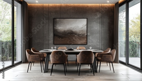 Wallpaper Mural This dining space exudes modern sophistication with its warm tones and abstract wall art, creating a stylish living concept The large windows flood the room with natural light, highlighting the sleek Torontodigital.ca