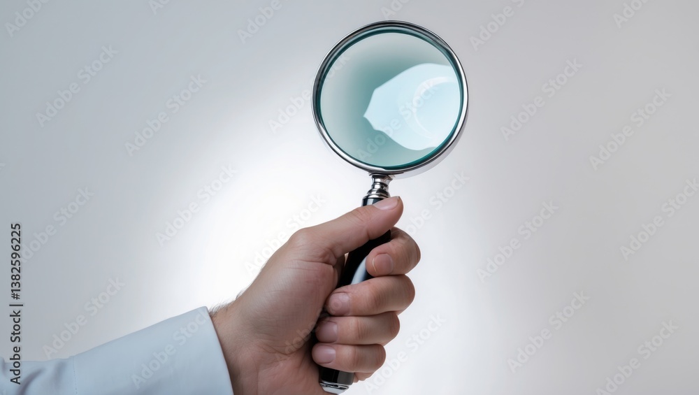 A hand of a man grips a magnifying glass, clipping path A hand of a man grips a magnifying glass, clipping path