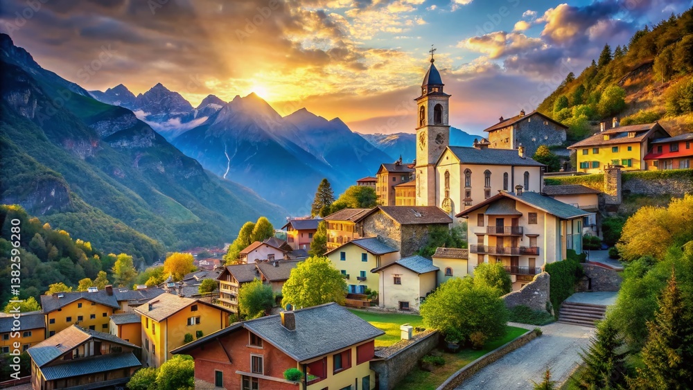 Fototapeta premium Charming Italian Alpine Town: Church & Houses, Scenic Vista