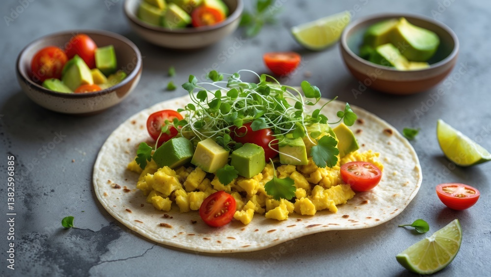 Scrambled Tofu Tacos topped with avocado, tomatoes, and green herbs. Nutritious Vegan Breakfast. Scrambled Tofu Tacos topped with avocado, tomatoes, and green herbs. Nutritious Vegan Breakfast.