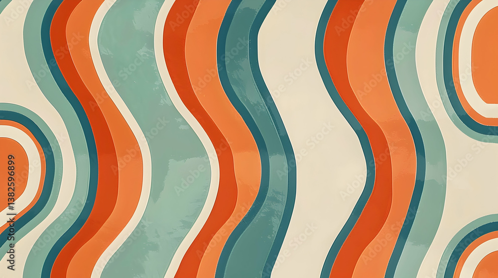 A retro-inspired abstract design featuring wavy lines in orange, teal, and cream colors. A retro-inspired abstract design featuring wavy lines in orange, teal, and cream colors.