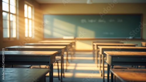 School classroom with a blurred background lacking young students; Out-of-focus view of a classroom without children or a teacher, featuring chairs and tables.